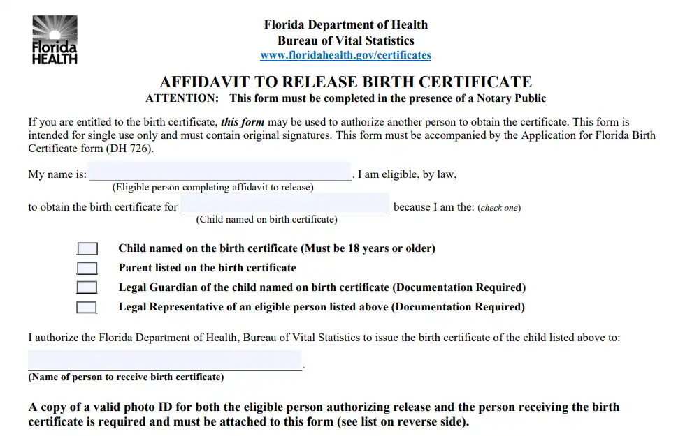 A screenshot of a document, the Affidavit to Release Birth Certificate form, that should be completed in the presence of a Notary Public and submitted to apply for a copy of certified birth or death record.