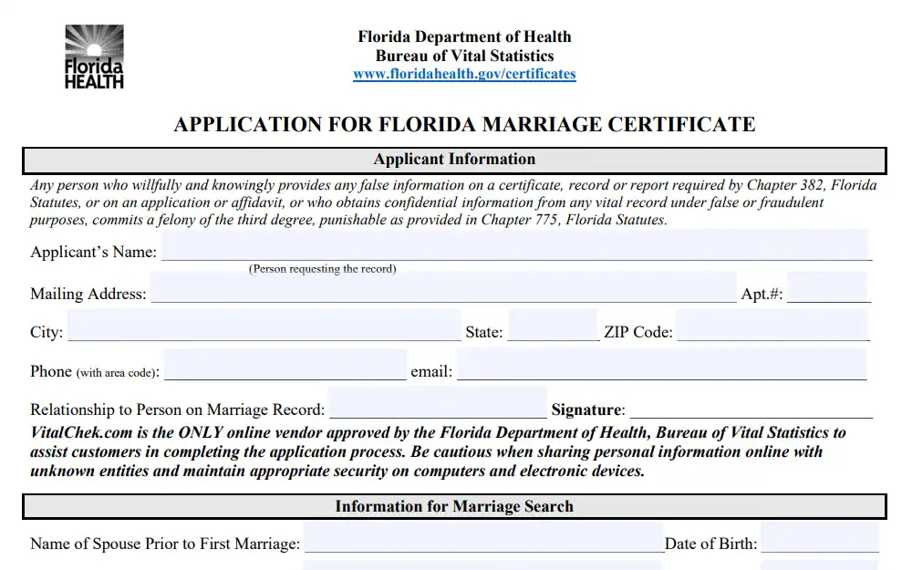 A screenshot of the Application for Florida Marriage Certificate form, a document that must be filled out and submitted if one wants to have a certified copy of their marriage certificate.
