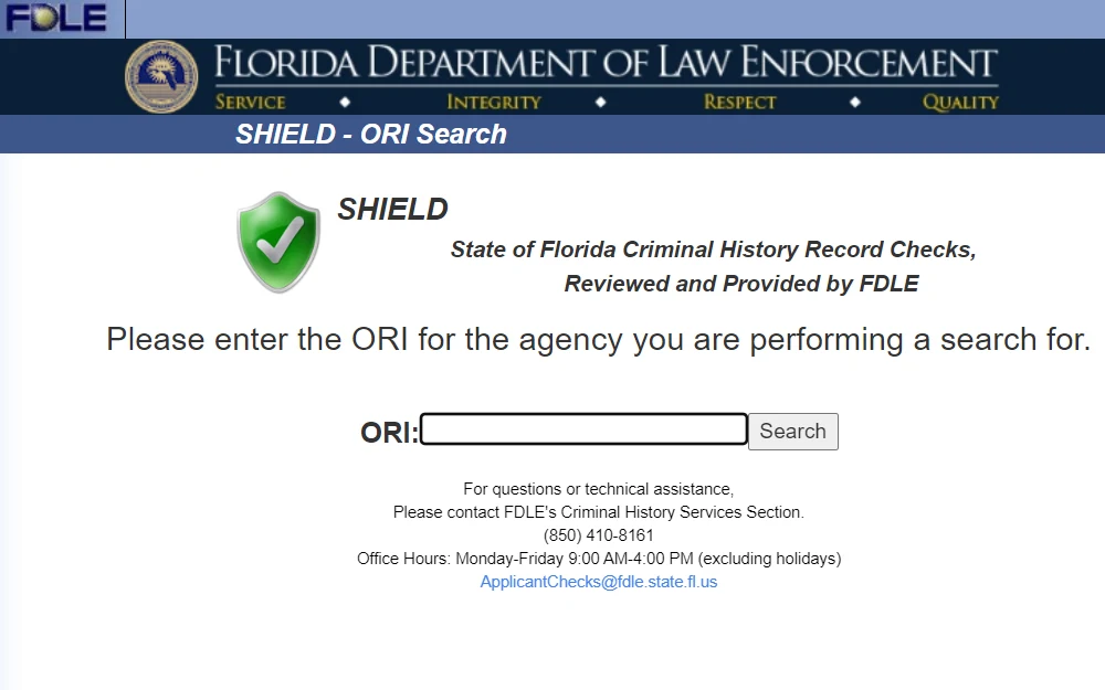 A screenshot of the SHILED -ORI Search, State of Florida Criminal History Record Checks, reviewed and provided by FDLE, where one can search by providing the ORI number of the person one is searching for.