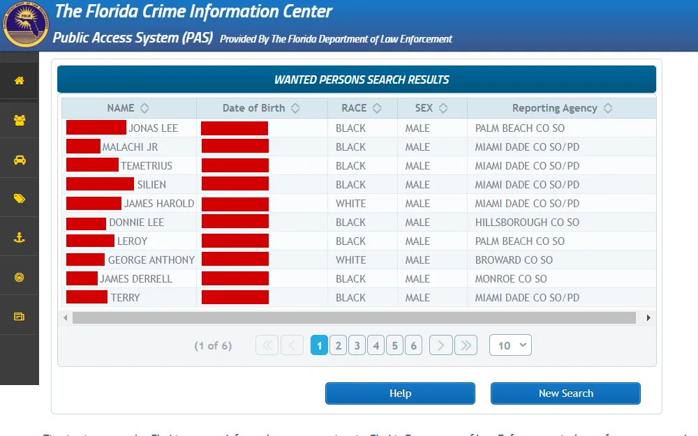 A screenshot of the Public Access System (PAS) provided by the Florida Department of Law Enforcement with its sample Wanted Person Search results showing the wanted people's name, date of birth, race, sex, and reporting agency.