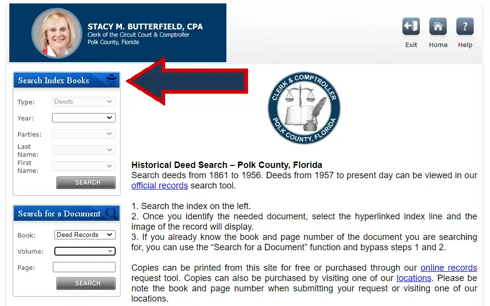 A screenshot of the History Deed Search tool of Polk County, Florida, where one can search by providing the type, year, parties, last name, and first name or the type of book, volume, and page one is looking for.