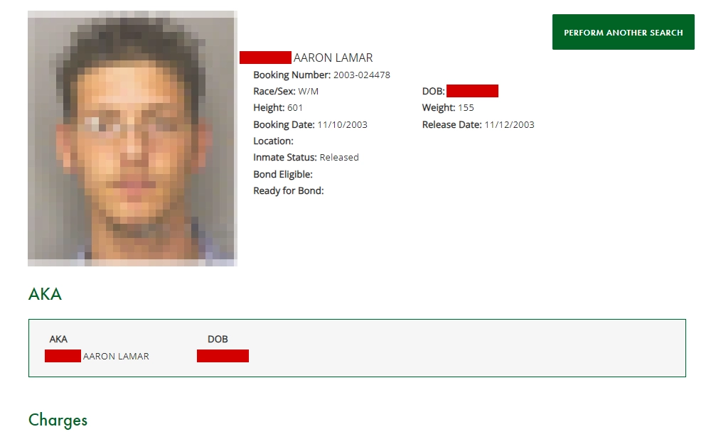 A screenshot of a sample view of an inmate's information from the Jail Information Search tool made available by the Polk County Sheriff's Office showing the name, mugshot, booking number, race, sex, height, booking date, location, inmate status, DOB, weight, release date, and the inmate's bond eligibility.