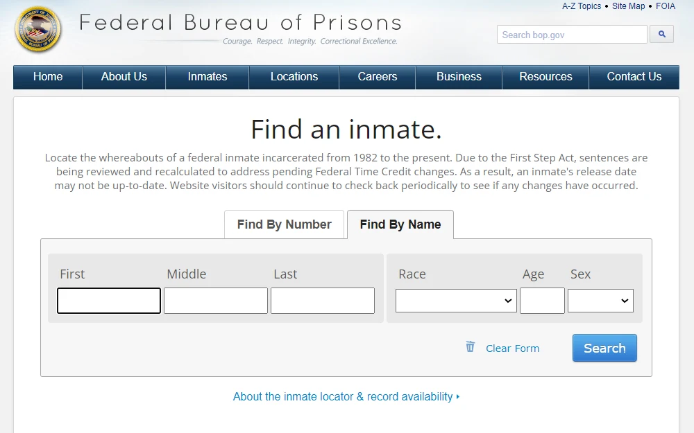 A screenshot of the Federal Bureau of Prisons' Find an Inmate page where one can search by number or name.