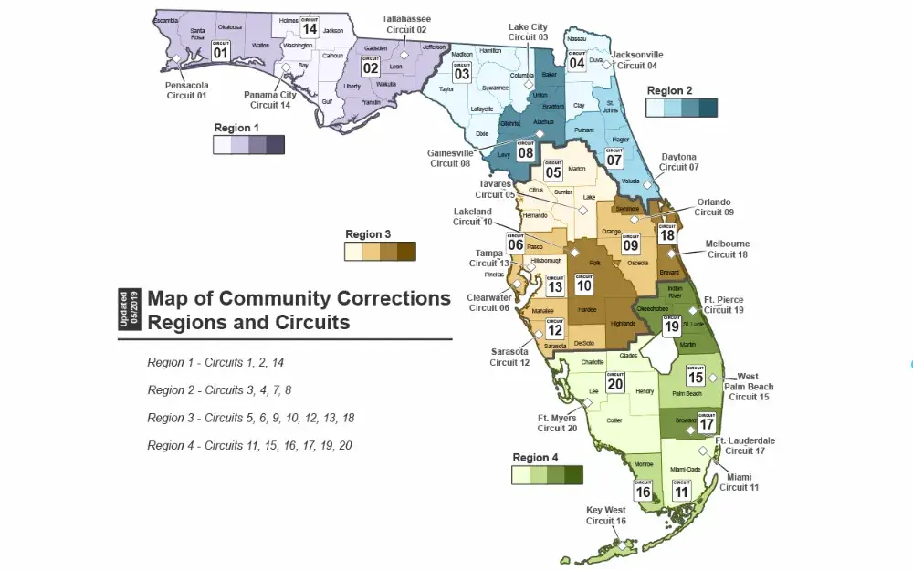 A screenshot of the Florida showing location of the regions and circuits of community corrections in Florida and which is colored differently by regions and circuits.