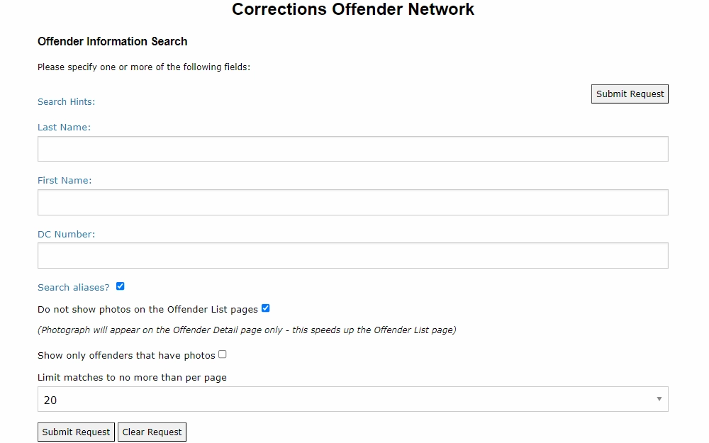 A screenshot of the Corrections Offender Network Offender Information search tool where one can search by providing one or more of the following information: last name, first name, and a DC number.