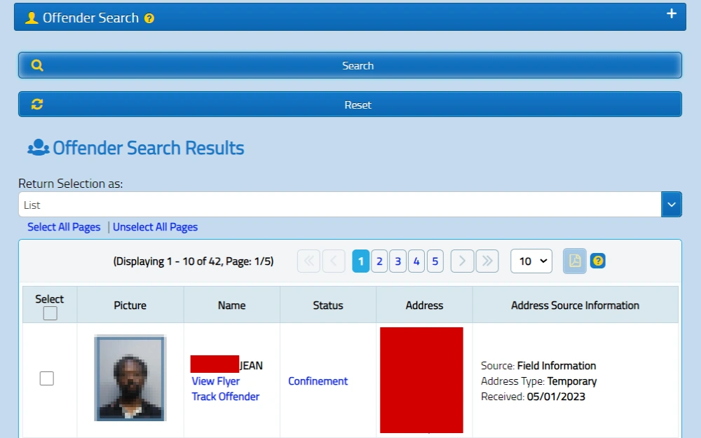 A screenshot of the Sexual Offenders and Predators Search platform provided by FDLE with a sample result showing the offender's name, mugshot, status, address, address source information, and links that leads to more information about the offender.