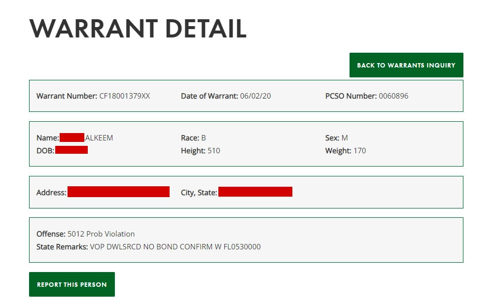 A screenshot of a sample warrant detail of an individual when one searches the Warrant Search platform of the Polk County Sheriff's Office, showing the warrant number, date of warrant, PCSO number, name, DOB, race, height, sex, weight, address, city and state, offense, and the state remarks of the person with a warrant.