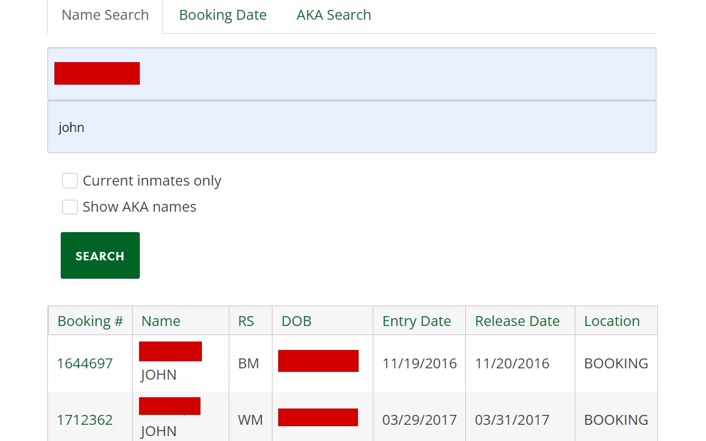 A screenshot of the Jail Inquiry/Information Search tool provided by Polk County Sheriff's Office with a list of results from the name search showing the booking #, name, RS, DOB, entry date, release date, and location of every inmate listed.