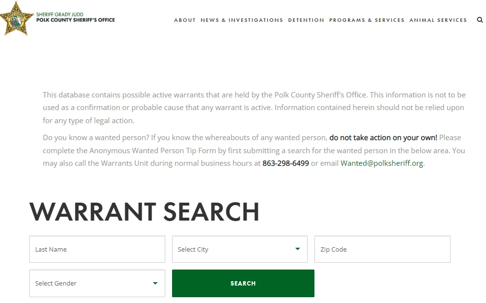 A screenshot of the Warrant Search platform of the Polk County Sheriff's Office, where an individual can find someone by providing the last name, selecting city, zip code, and gender.