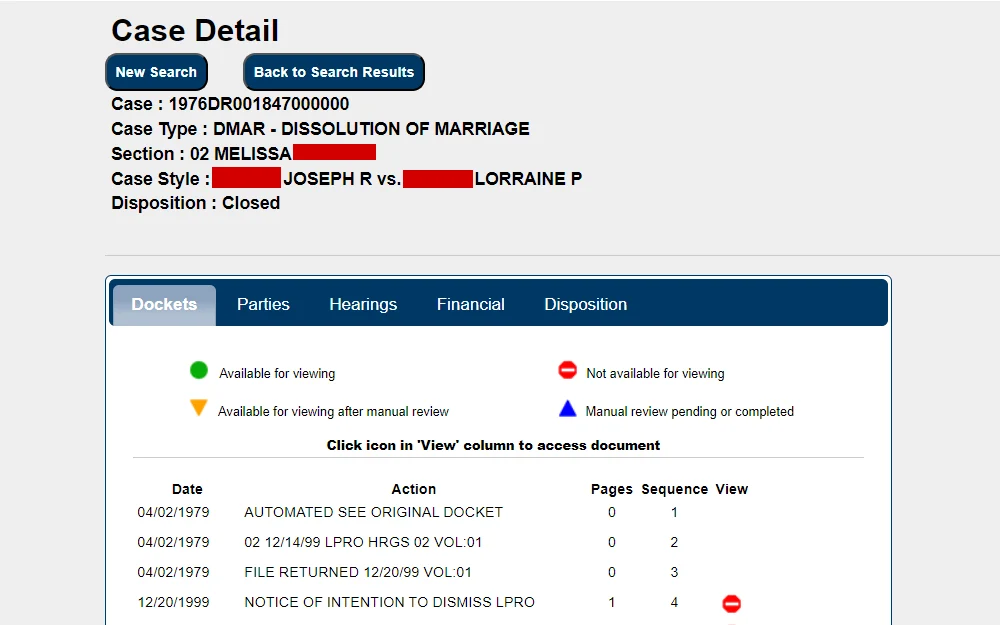 A case detail from the search results for dissolution, showing the names of both party, case number and type, section, and disposition, followed by the display of the content of the docket tab, and other tab options for parties, hearings, financial, and disposition .