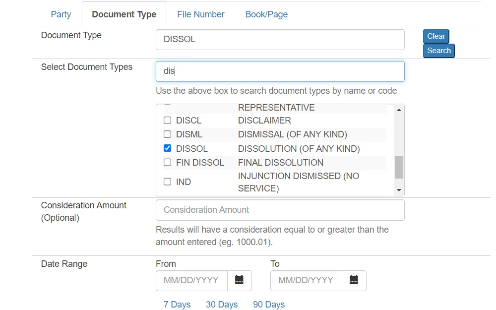 Screenshot of the document viewer search tool with tabs for party name, document type, file number, and book or page search types, and fields for document type, consideration amount, and date range, with the dissolution tick box selected.