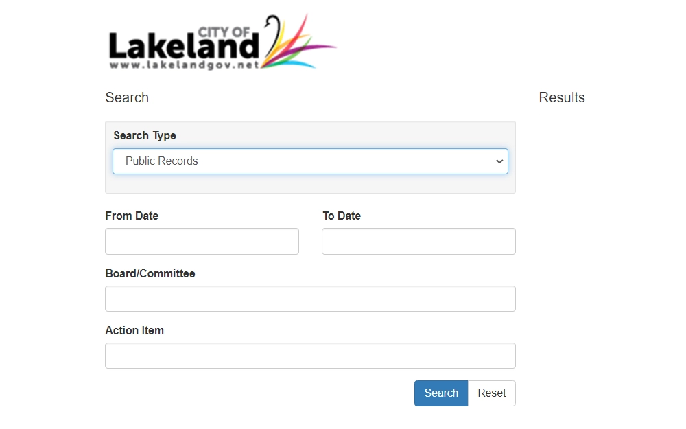Screenshot of the public record search tool by Lakeland City, showing fields for date range, board or committee, action item, and a drop down menu for type of search.