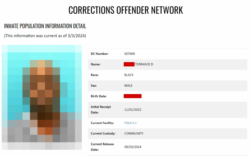 A screenshot showing inmate population information from the Florida Department of Corrections website displays details such as DC number, name, race, sex, birth date, initial receipt date, current facility, custody and release date.