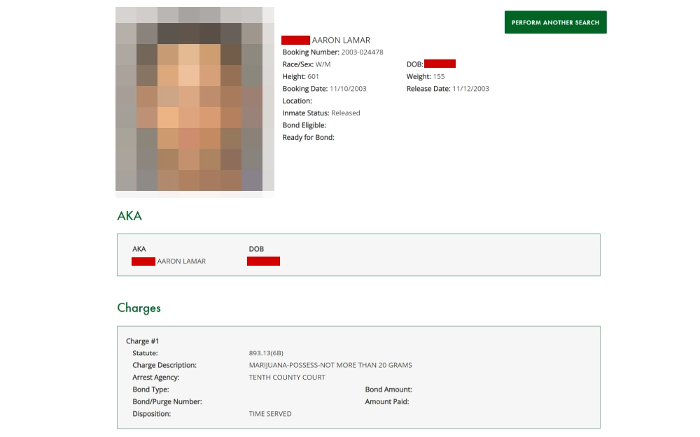 A screenshot of an inmate profile with details such as name, booking number, race, sex, height, booking date, location, inmate status, bond eligibility, and others from the Polk County Sheriff’s Office website.