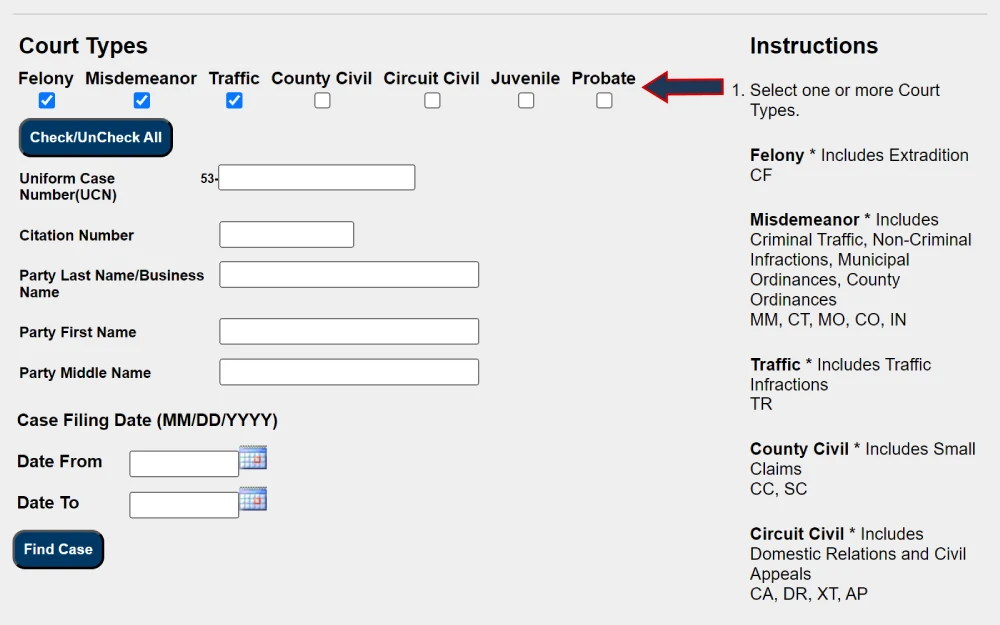 A screenshot shows public search options with check boxes for court type selection and search filters, such as uniform case number, citation number, party first, middle, and last name, and case filing date duration.