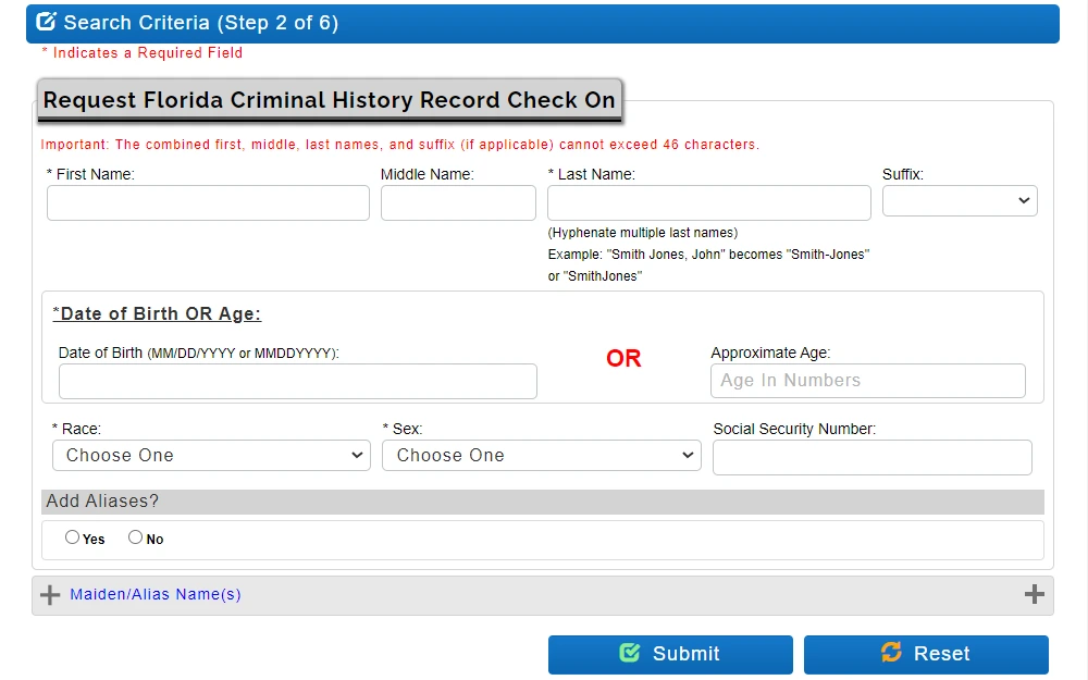 A screenshot of the step 2 process of the criminal history record search from the FDLE site displays the fields under the "Search Criteria" tab, including the name, birthday, race, sex, age, and social security number.