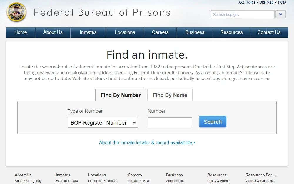 A screenshot from the the Federal Bureau of Prisons' inmate locator page, showing search options to find inmates by number or name.