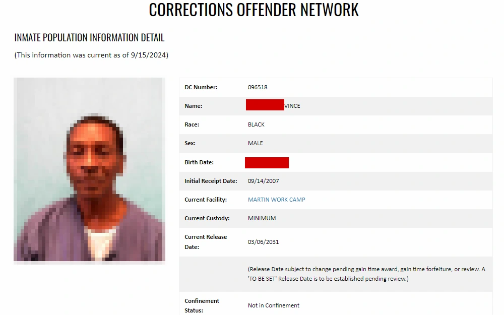  A screenshot of the inmate information sheet from the Florida DOC Offender Network, including a mugshot and details such as DC number, name, race, sex, birth date, facility, custody level, and projected release date.