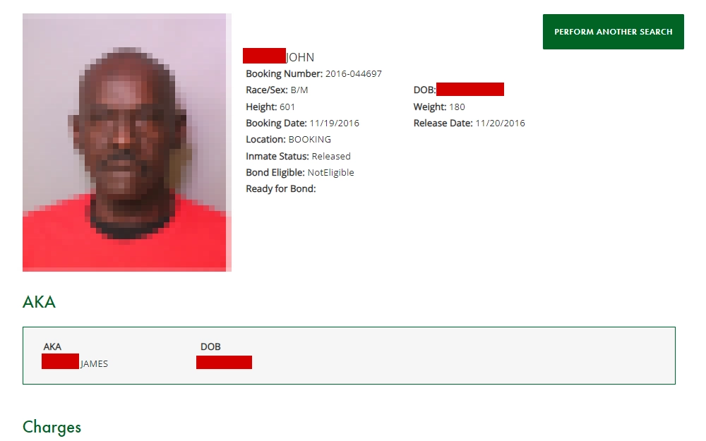 A screenshot of inmate details from the Polk County Sheriff's Office inmate inquiry tool showing an offender's mugshot and booking information, including details like his booking number, physical characteristics, and release status, along with an alias name.